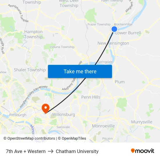 7th Ave + Western to Chatham University map