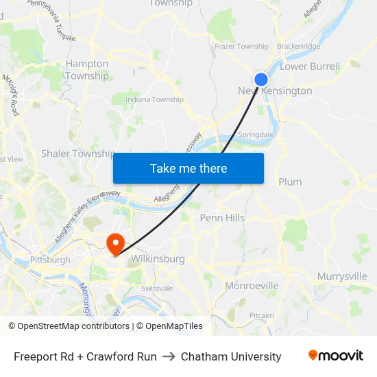 Freeport Rd + Crawford Run to Chatham University map