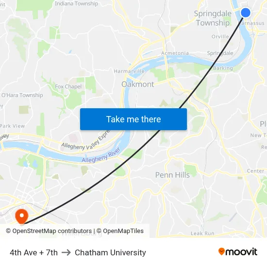 4th Ave + 7th to Chatham University map