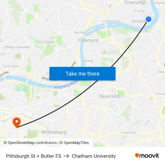 Pittsburgh St + Butler FS to Chatham University map