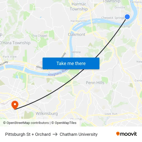 Pittsburgh St + Orchard to Chatham University map