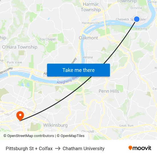 Pittsburgh St + Colfax to Chatham University map