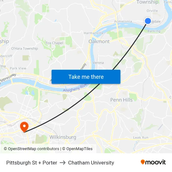 Pittsburgh St + Porter to Chatham University map