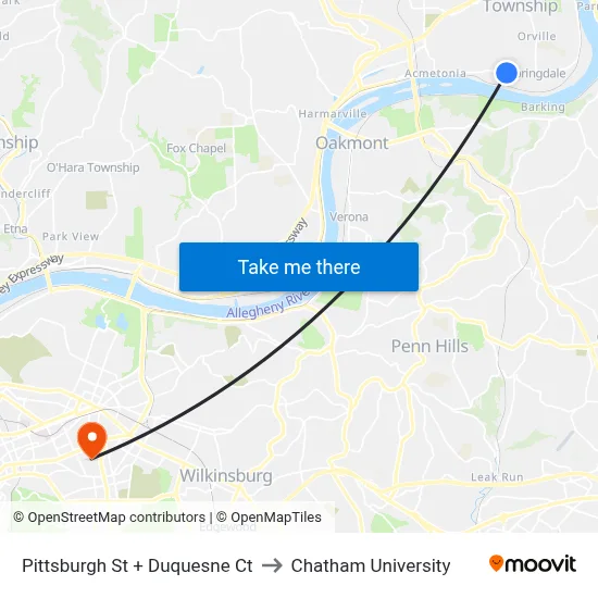 Pittsburgh St + Duquesne Ct to Chatham University map