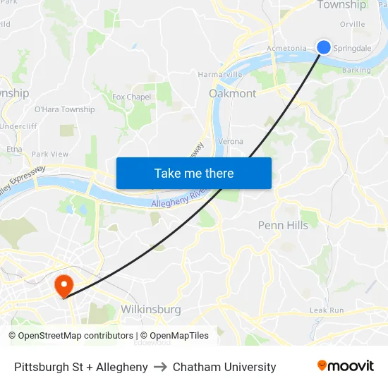 Pittsburgh St + Allegheny to Chatham University map
