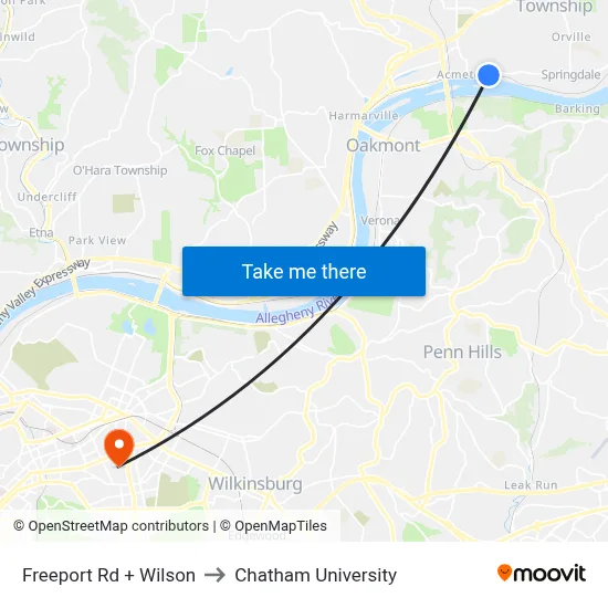 Freeport Rd + Wilson to Chatham University map