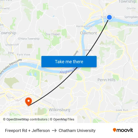 Freeport Rd + Jefferson to Chatham University map