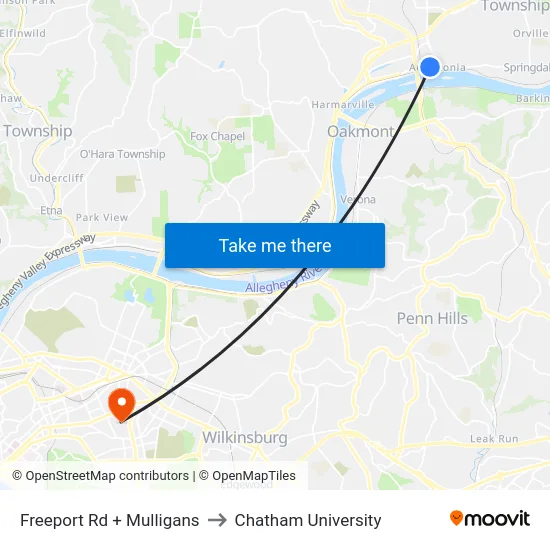 Freeport Rd + Mulligans to Chatham University map