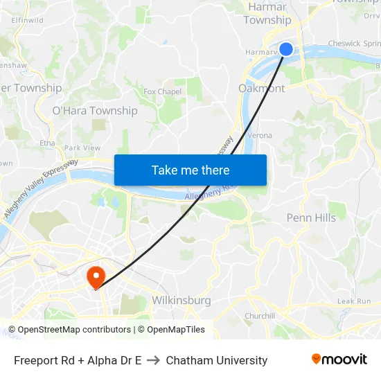 Freeport Rd + Alpha Dr E to Chatham University map