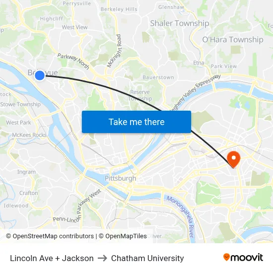 Lincoln Ave + Jackson to Chatham University map