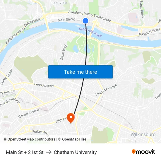 Main St + 21st St to Chatham University map
