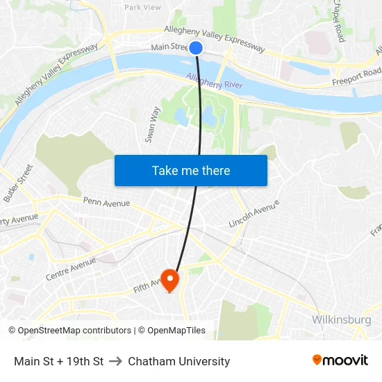 Main St + 19th St to Chatham University map