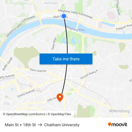 Main St + 18th St to Chatham University map