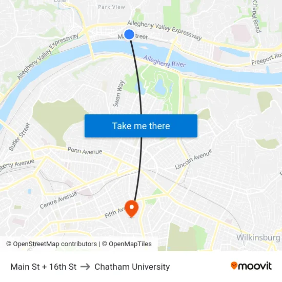 Main St + 16th St to Chatham University map