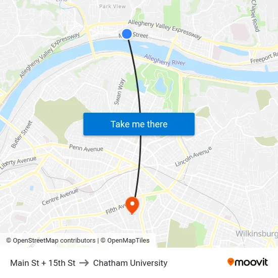 Main St + 15th St to Chatham University map