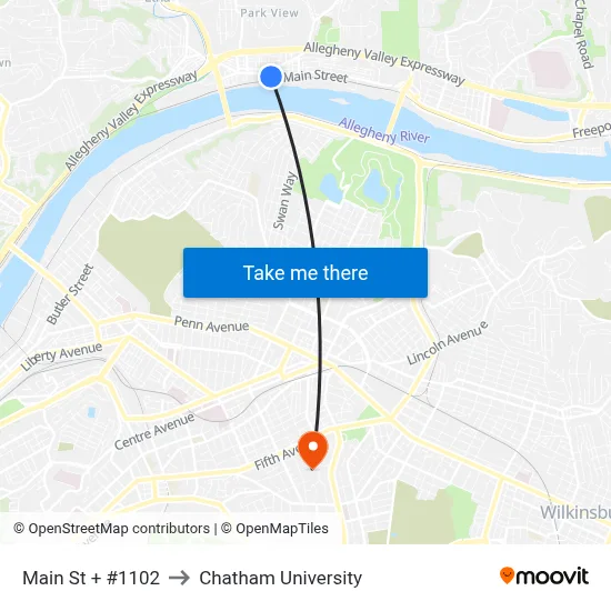Main St + #1102 to Chatham University map