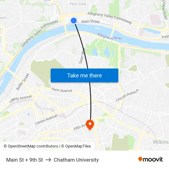 Main St + 9th St to Chatham University map