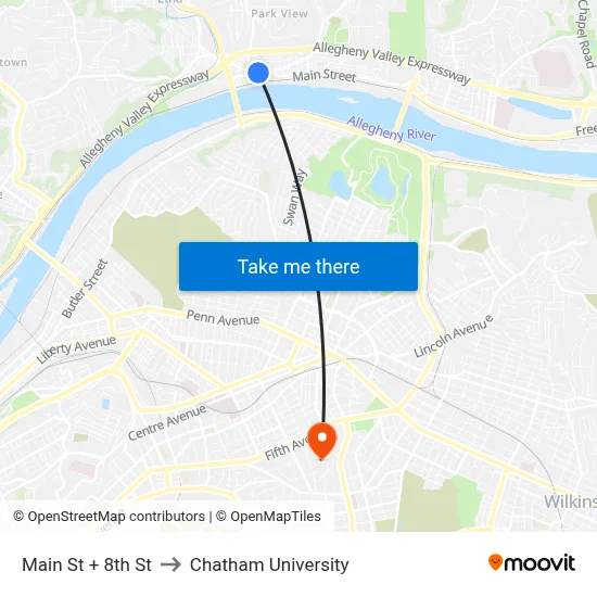 Main St + 8th St to Chatham University map
