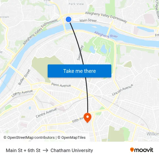 Main St + 6th St to Chatham University map