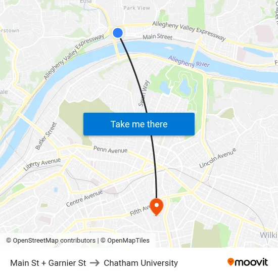 Main St + Garnier St to Chatham University map