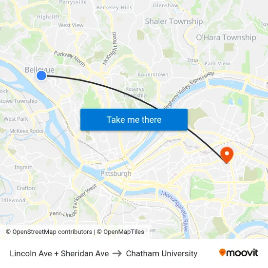 Lincoln Ave + Sheridan Ave to Chatham University map
