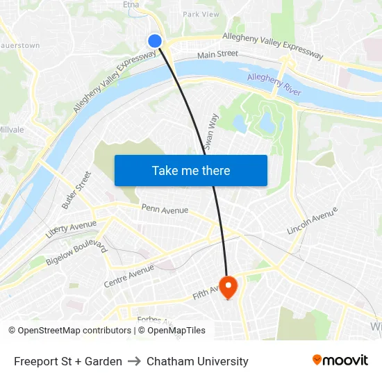 Freeport St + Garden to Chatham University map