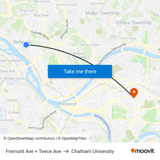 Fremont Ave + Teece Ave to Chatham University map