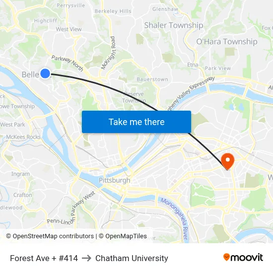 Forest Ave + #414 to Chatham University map
