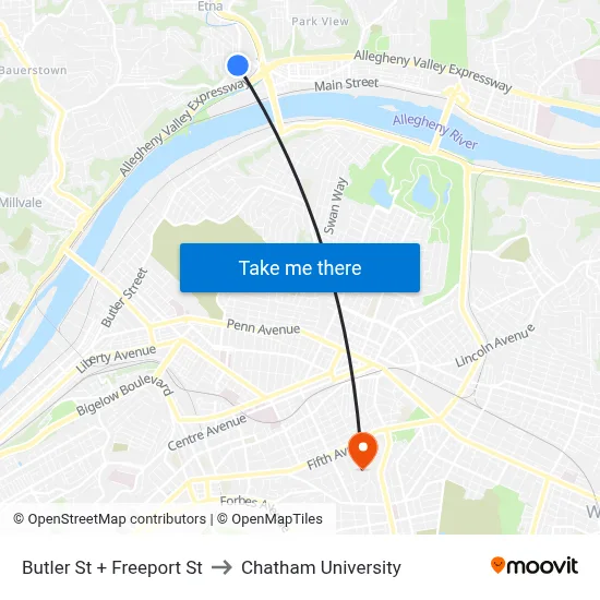 Butler St + Freeport St to Chatham University map