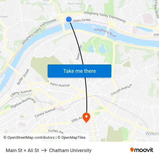 Main St + Ali St to Chatham University map