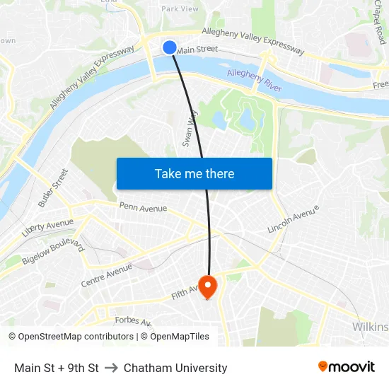 Main St + 9th St to Chatham University map