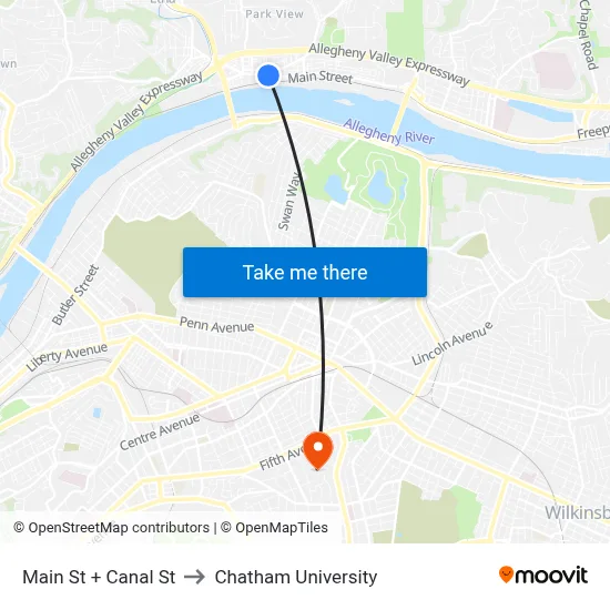 Main St + Canal St to Chatham University map