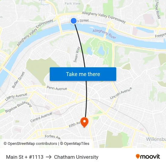 Main St + #1113 to Chatham University map