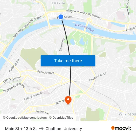 Main St + 13th St to Chatham University map
