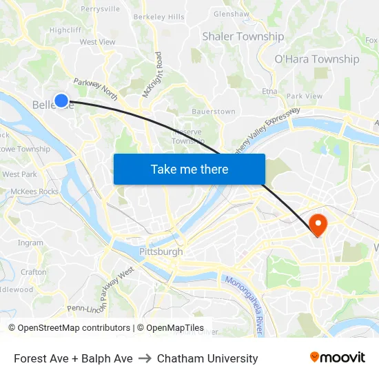Forest Ave + Balph Ave to Chatham University map
