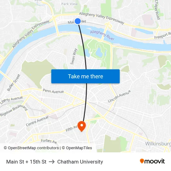 Main St + 15th St to Chatham University map