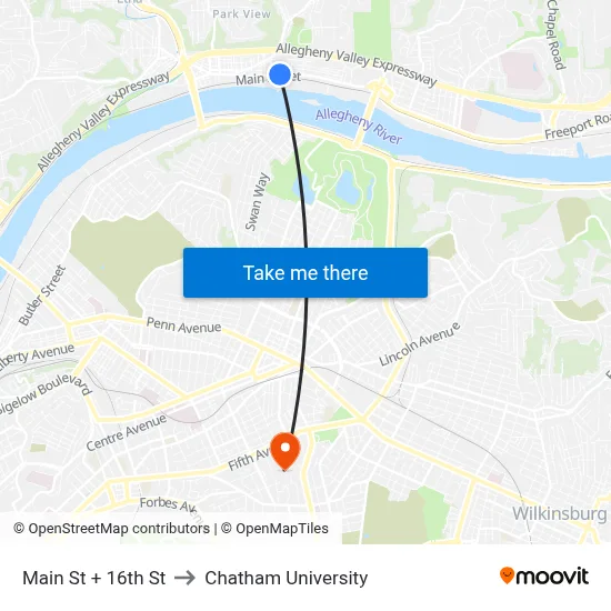 Main St + 16th St to Chatham University map
