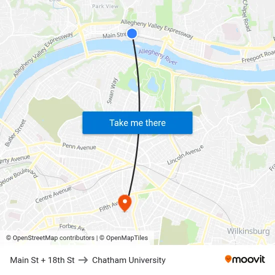 Main St + 18th St to Chatham University map
