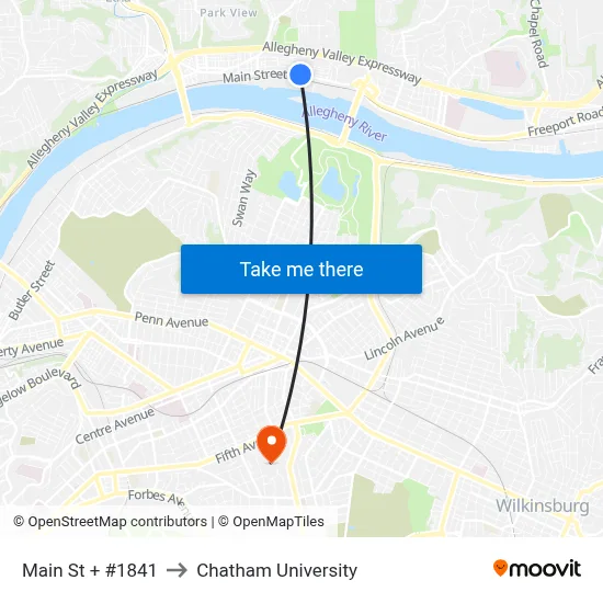 Main St + #1841 to Chatham University map