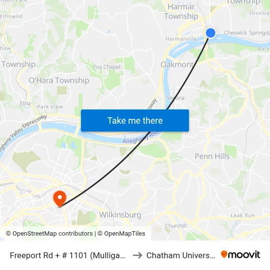 Freeport Rd + # 1101 (Mulligans) to Chatham University map