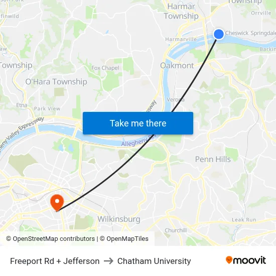 Freeport Rd + Jefferson to Chatham University map