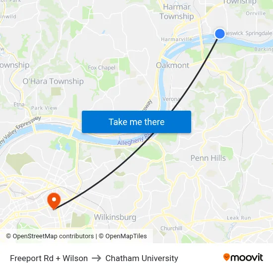 Freeport Rd + Wilson to Chatham University map