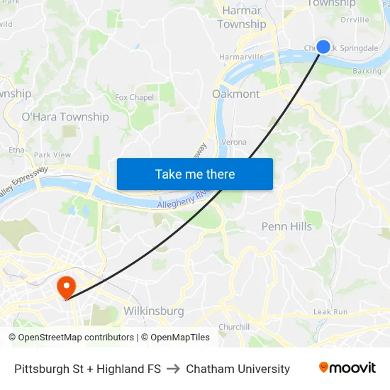 Pittsburgh St + Highland FS to Chatham University map