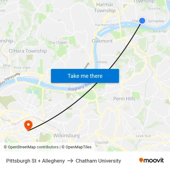 Pittsburgh St + Allegheny to Chatham University map