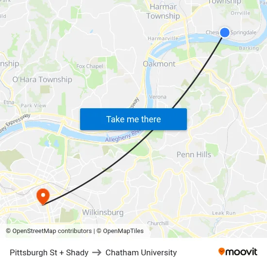 Pittsburgh St + Shady to Chatham University map