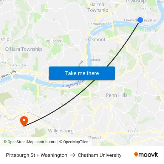 Pittsburgh St + Washington to Chatham University map