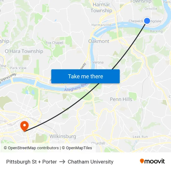 Pittsburgh St + Porter to Chatham University map