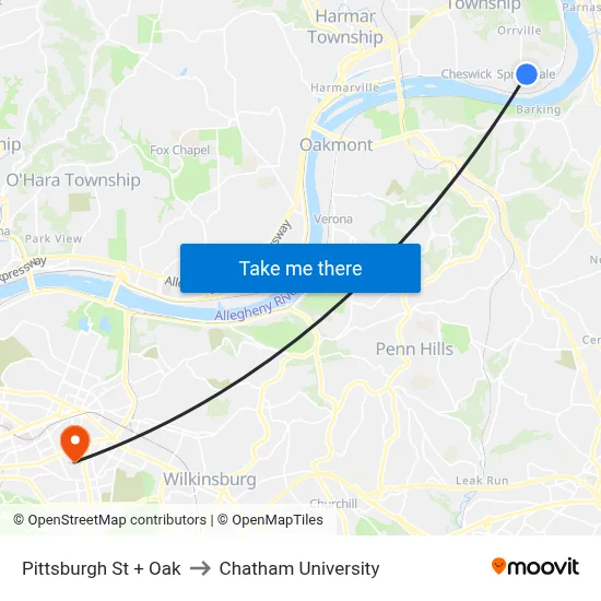 Pittsburgh St + Oak to Chatham University map