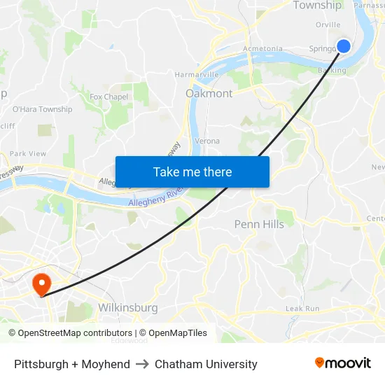 Pittsburgh + Moyhend to Chatham University map