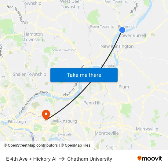 E 4th Ave + Hickory Al to Chatham University map